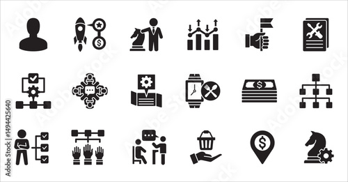 Business company, management flat icon set. Contains symbol of businessman, target, finance, lunchtime, success, hierarchy, data, work, money, employee, task, shop, meeting, job. Vector illustration