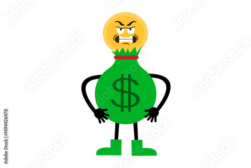 Angry money sack character with hands on waist