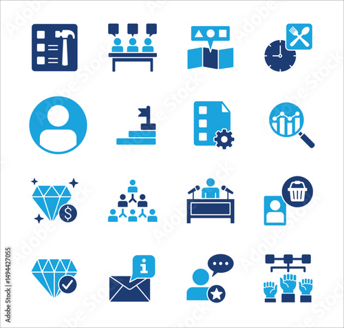 Management business icon set. Contains symbol of strategy, businessman, target, finance, lunchtime, success, hierarchy, reward, work, money, employee, task, shop, meeting, job. Vector illustration