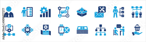 Business company management icon set. Contains symbol of businessman, target, finance, lunchtime, success, hierarchy, data, reward, work, money, employee, task, shop, meeting, job. Vector illustration