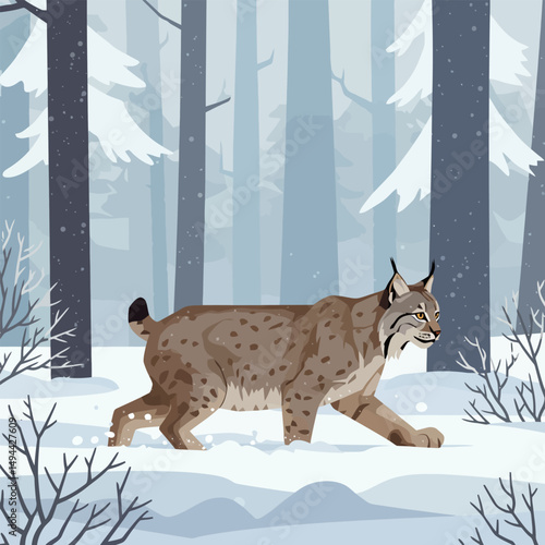 Lynx Walking Through Snowy Winter Forest Landscape Illustration Art