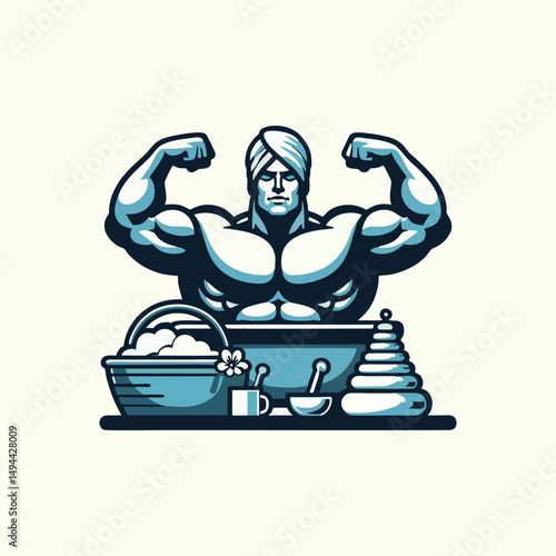 Stylized vector Bodybuilder Spa massage and grooming wellness relaxing muscular adult man tanned physique hot towel steam recovery room for lifestyle product athlete masculinity content