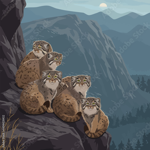 Pallas Cats Watching Over Mountain Landscape Peaceful Wildlife Illustration
