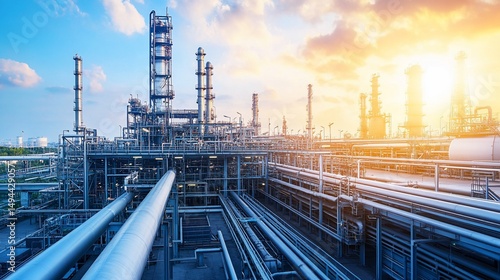 Industrial Complex at Sunrise, Oil Refinery and Petrochemical Plant