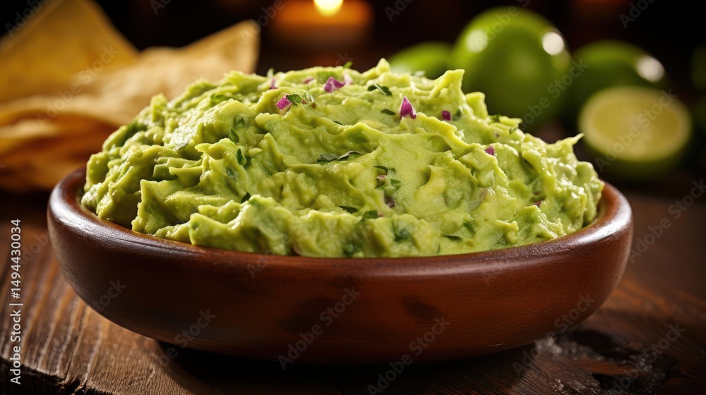 Fresh guacamole in a bowl with chips and limes. Fresh guacamole in a bowl with chips and limes.