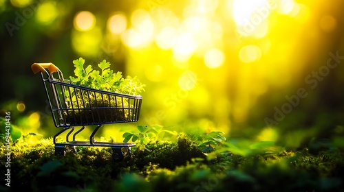 Sustainable Shopping Green Cart with Plants in Sunny Forest Nature Ecology
