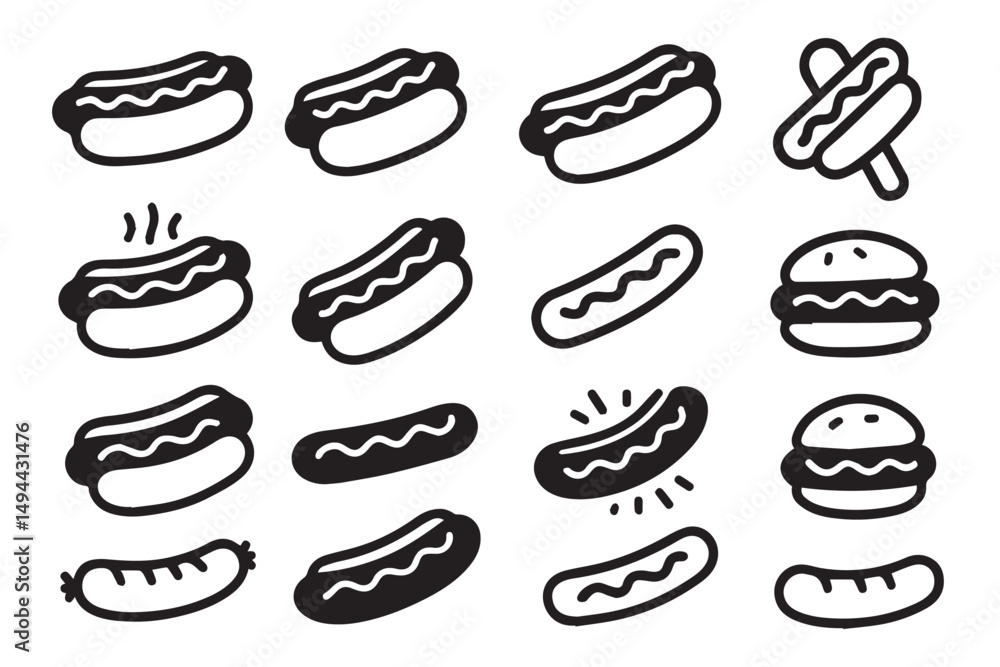 Collection of minimalist hot dog icons in line art style with simple designs for hot dogs, sausages, condiments, and street food, perfect for food related graphics in a line art icon set Collection of minimalist hot dog icons in line art style with simple designs for hot dogs, sausages, condiments, and street food, perfect for food related graphics in a line art icon set
