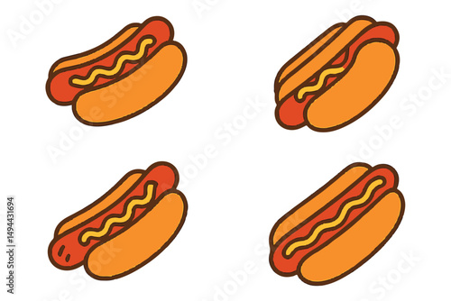 colorful hot dog icons featuring different variations of sausages and condiments with a bold, minimal design for food related graphics in an icon set