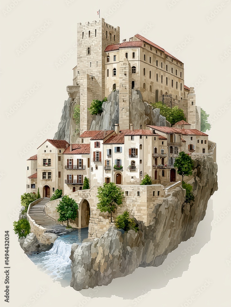 Fototapeta premium Majestic Medieval Castle Perched on Cliffside with Charming Village