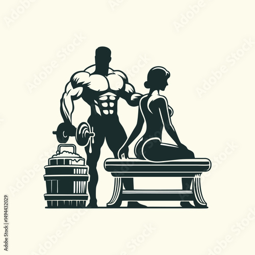 Fitness and spa wellness vector design featuring bodybuilder athlete receiving relaxing massage sauna skincare rejuvenation therapy aromatherapy ripped masculine figure vitality stamina recreation car