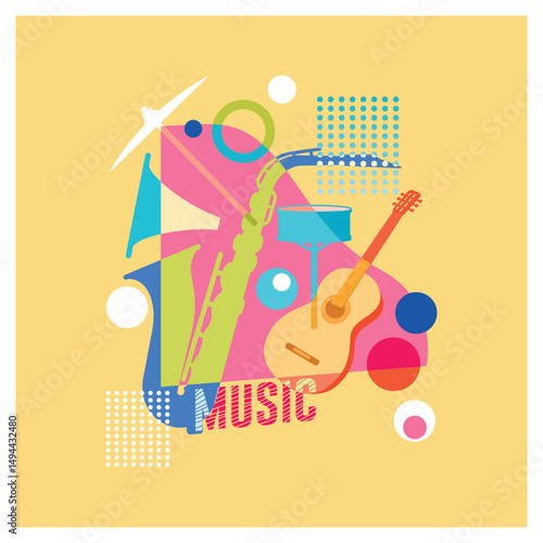 Abstract artwork containing of musical instruments such as guitar and saxophone in bright colors, creating a dynamic and energetic composition on a yellow background. Music and art concept.