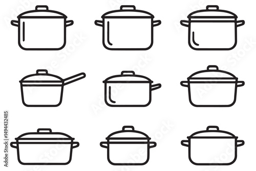 Collection of minimalist black and white cooking pot icons with various shapes and sizes, ideal for kitchen, cooking, and food related projects, line art icon set