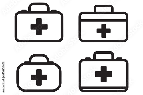 Set of first aid kit icons in black and white, featuring various styles of medical kits with cross symbols, perfect for healthcare, emergency, and medical designs, line art icon set