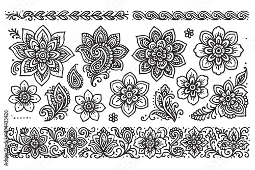 Detailed collection of mehndi flower patterns, showcasing bold floral motifs and paisley elements, ideal for henna tattoo designs and textile decoration