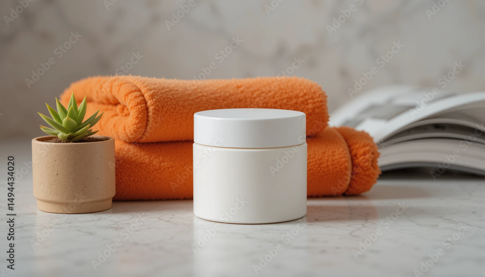 Naklejka premium Minimalist Spa Setting with White Cream Jar, Orange Towels, and Succulent Plant