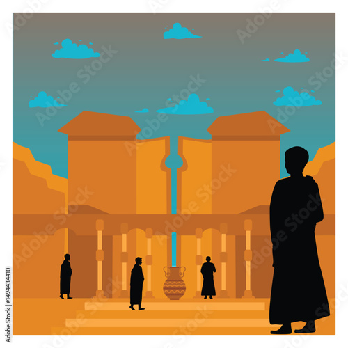 A group of worshipers at a sun temple conducting a ritual.