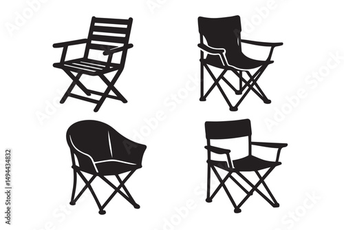 Collection of various outdoor folding chair icons, including camping and lounge chairs, perfect for travel, outdoor events, and relaxation, icon set