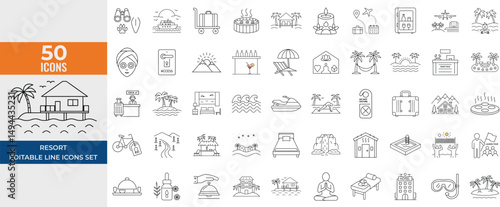 Resort Line Icon Set – Travel, Tourism, Hotel Services, Beach, Wellness, Vacation & Landscape – Editable Vector icon Illustrations