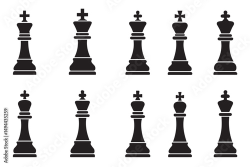 chess king pieces with different crowns and silhouettes, ideal for chess, strategy games, and board game icons, icon set