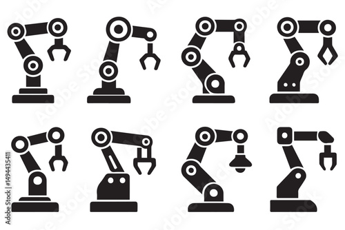 Collection of robotic arm designs with different gripper types and positions, ideal for industrial, robotics, and automation graphics, icon set