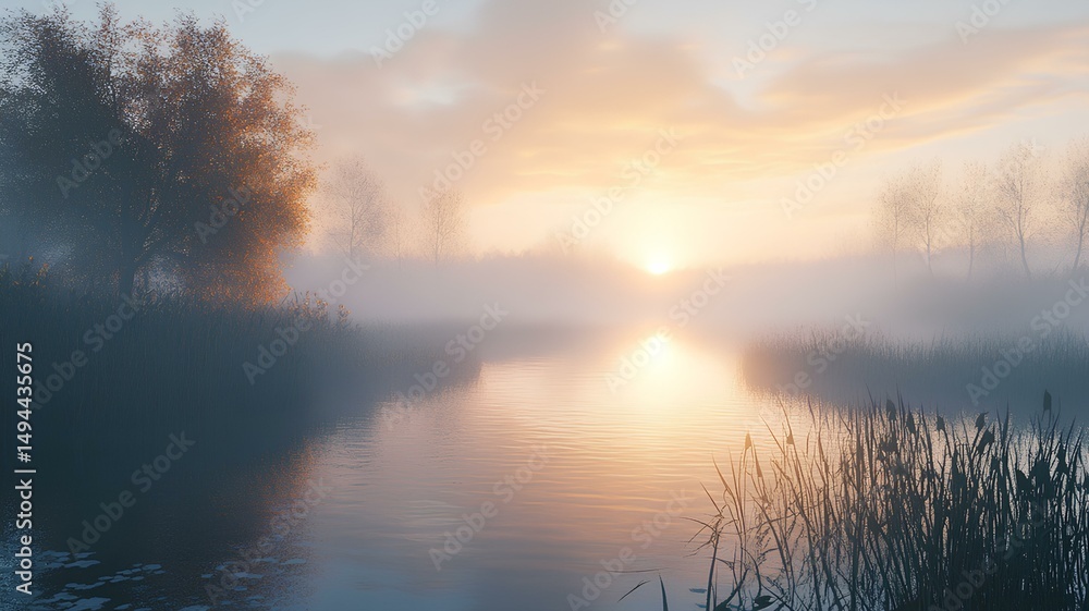 Fototapeta premium A beautiful lake with a refreshing sun setting and beautiful trees.