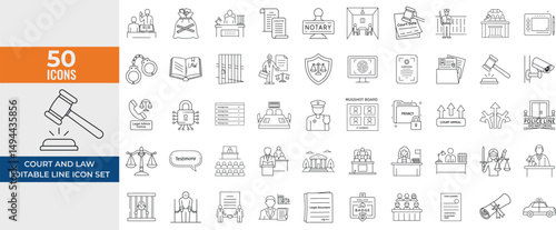 Court and Law Line Icons Set – Editable Stroke Vector Illustrations of Lawyer, Judge, Justice, Criminal, Police, Prison, Contract, Certificate, and Security