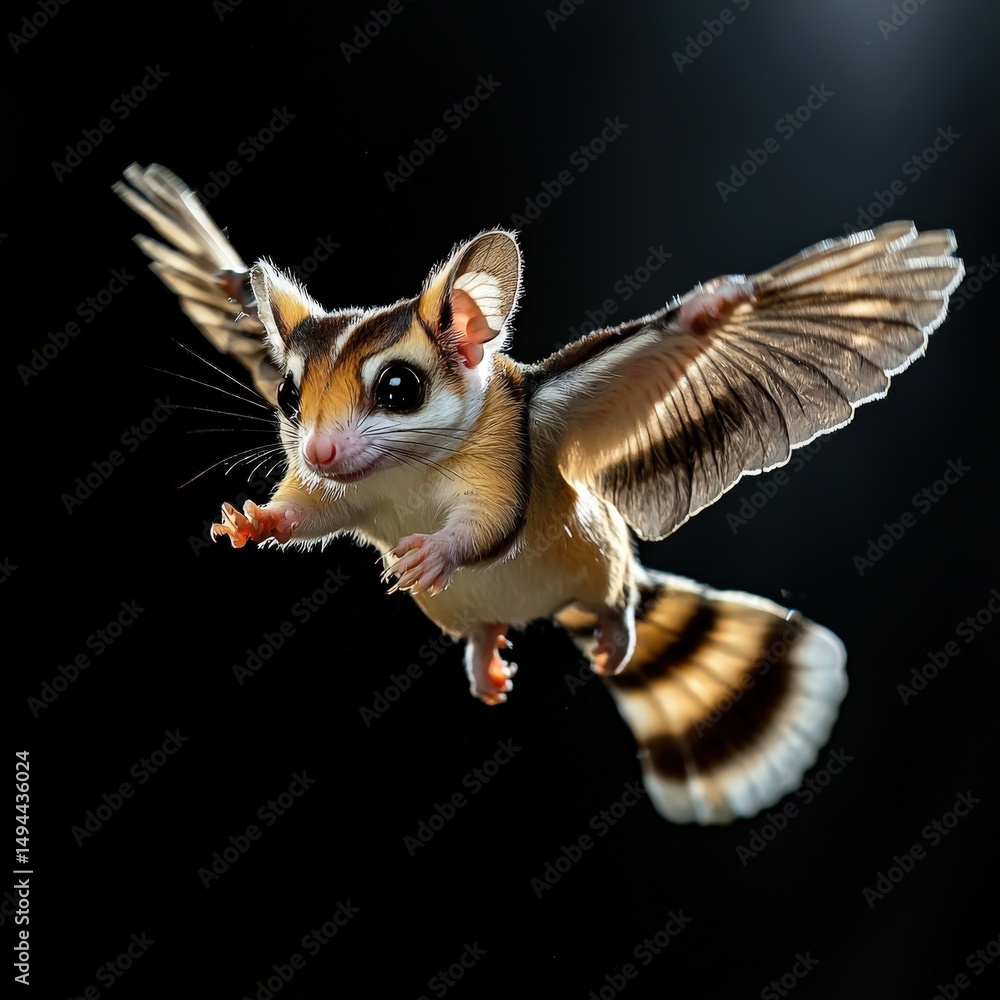 Fototapeta premium A stunning sugar glider gracefully soars through the darkness with its wings outstretched, showcasing its unique beauty and natural elegance in the night air.