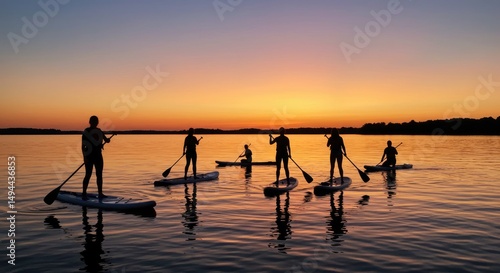 Silhouette of a group of people stand-up paddleboarding at sunset