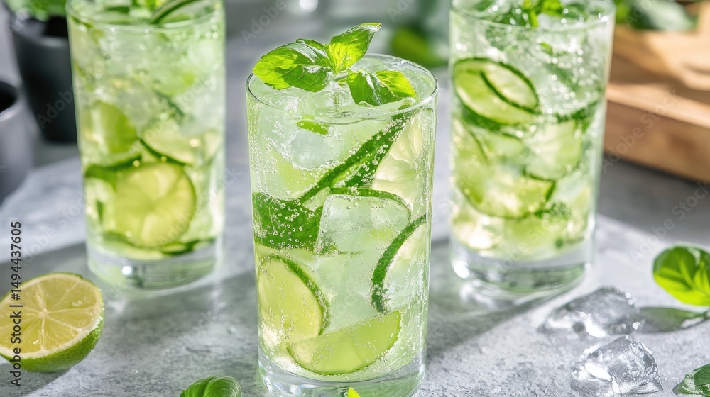 Fototapeta premium Refreshing cucumber and lime beverages with ice and herbs.