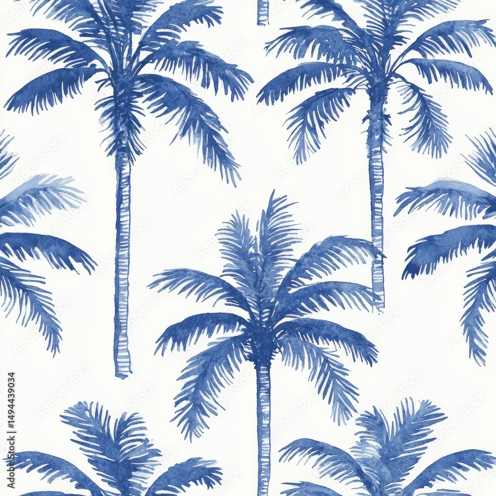 Obraz premium Blue and white pattern with palm trees, tropical foliage seamless design, simple shapes, white background, monochromatic color scheme, soft lines and curves