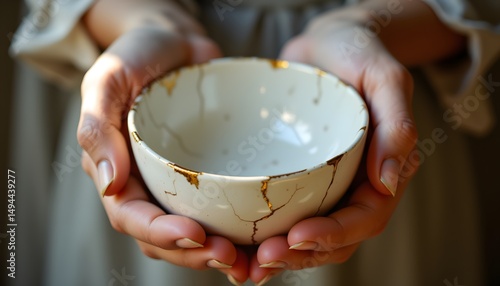 A pair of delicately veined female hands cradle a white porcelain bowl. The bowl, aged and bearing the marks of time, is mended with the kintsugi technique
