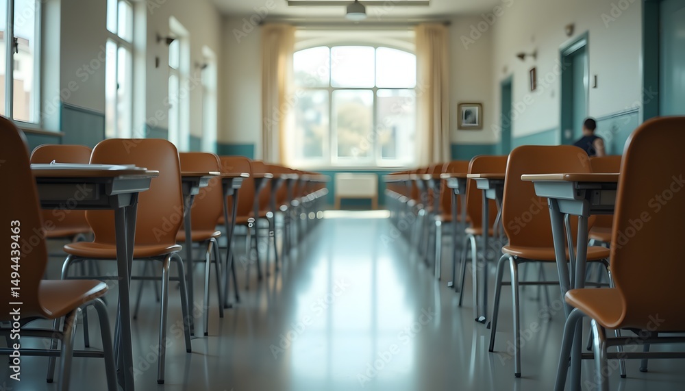 An expansive hall, bathed in soft, indirect light filtering through tall windows, reveals rows of vacant desks and chairs An expansive hall, bathed in soft, indirect light filtering through tall windows, reveals rows of vacant desks and chairs