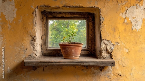 Small window, terracotta pot,  yellow wall