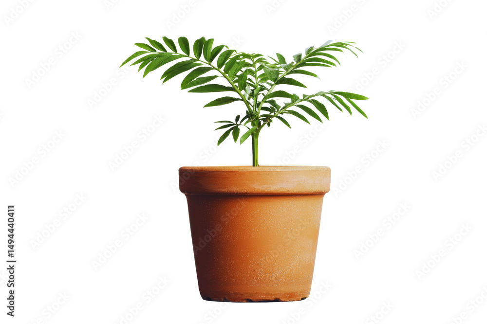 Fototapeta premium Young Tropical Plant Growing in Terracotta Pot Nature's Growth and Renewal