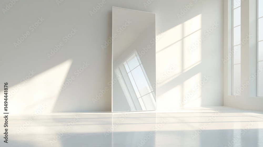 Fototapeta premium Sunlight Illuminates Minimalist Room with Large Mirror