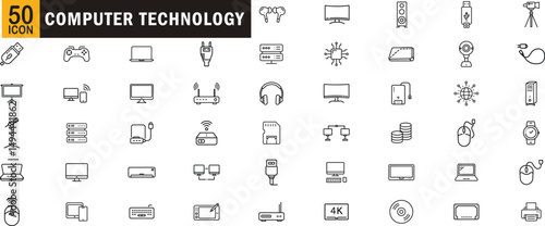 Computer technology editable outline icon set. Monitor, server, USB, router, keyboard and more