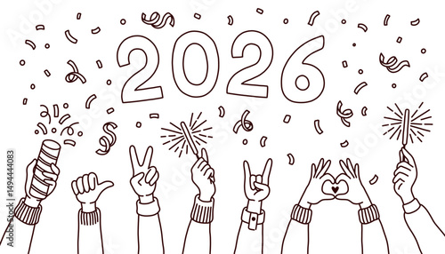 Doodle style 2026 New Year and Christmas Banner with hands. Happy new Year Merry Christmas Hand Drawn Doodle Elements