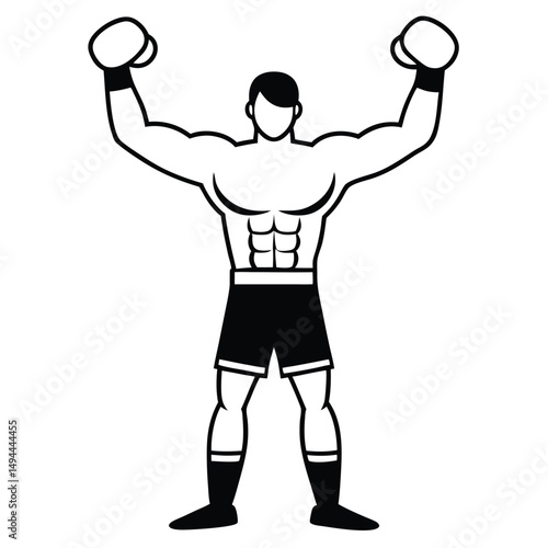 Victorious Boxer Celebrating Triumphant Win Black and White Illustration
