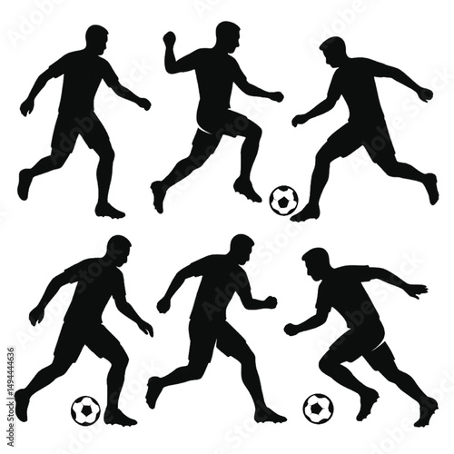 A series of silhouettes of soccer players in action. Scene is energetic and dynamic, as the players are running and kicking the soccer ball. The concept of the image is to showcase the athleticism
