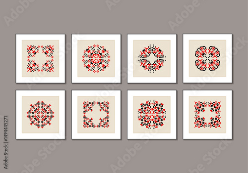 Set of traditional Ukrainian folk knitted embroidery ethnic mandala ornament vyshyvanka