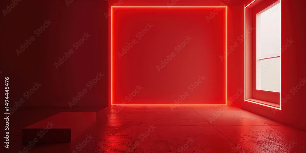 Obraz premium Red room wall corner modern lighting neon lamp lighting line glowing hall interior background wallpaper simple.