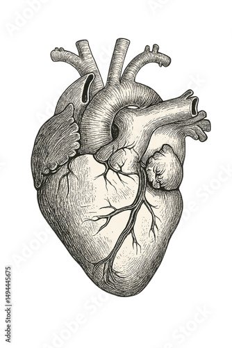 A heart is drawn in black and white with a lot of detail. The heart is the central focus of the image, and it is the most important part of the drawing. The heart is surrounded by veins and arterie