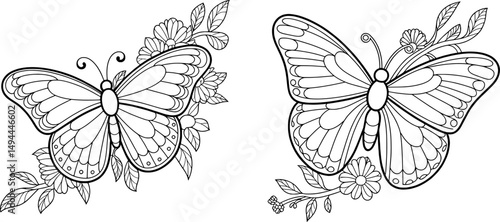 Two ornate butterflies with floral designs coloring page