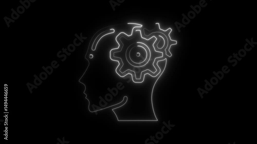 Brain gears animated concept representing intelligence thought and problem solving against a black background.