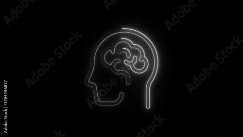 Illuminated outline of a brain within a head on a black background visualization of cognitive processes