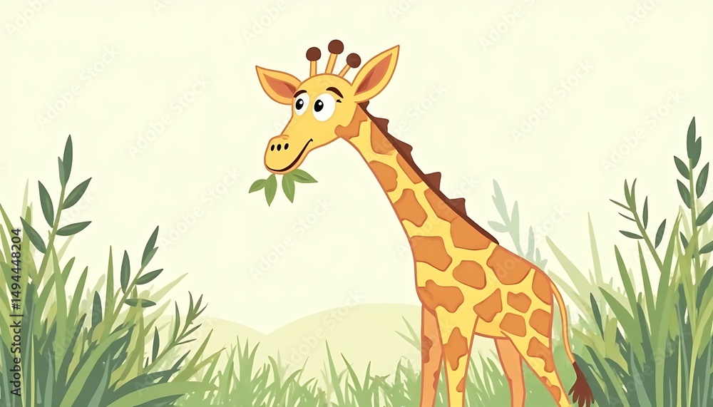 Fototapeta premium Cartoon Giraffe Eating Leaves Illustration in Tall Grass