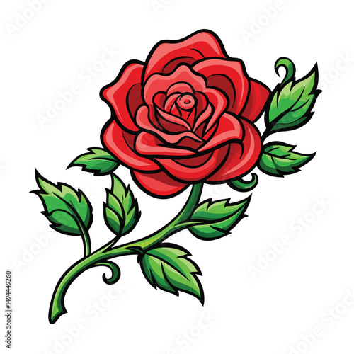 Wallpaper Mural Red Rose Cartoon with Stem and Green Leaves, Elegant Floral Design on White Isolated BG Torontodigital.ca