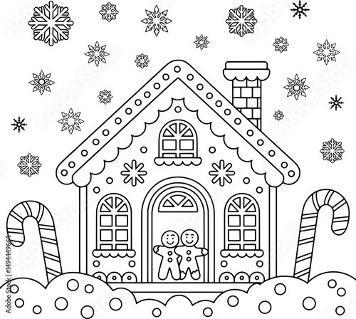 Festive gingerbread house coloring page winter wonderland scene