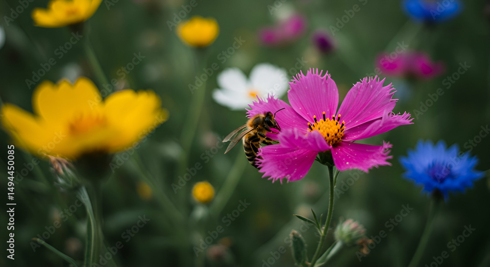 Fototapeta premium A honeybee visiting a vibrant pink cosmos flower in a colorful flower field