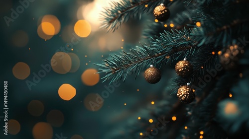 Dark Green Christmas Tree Branch with Gold Ornaments   Bokeh Lights